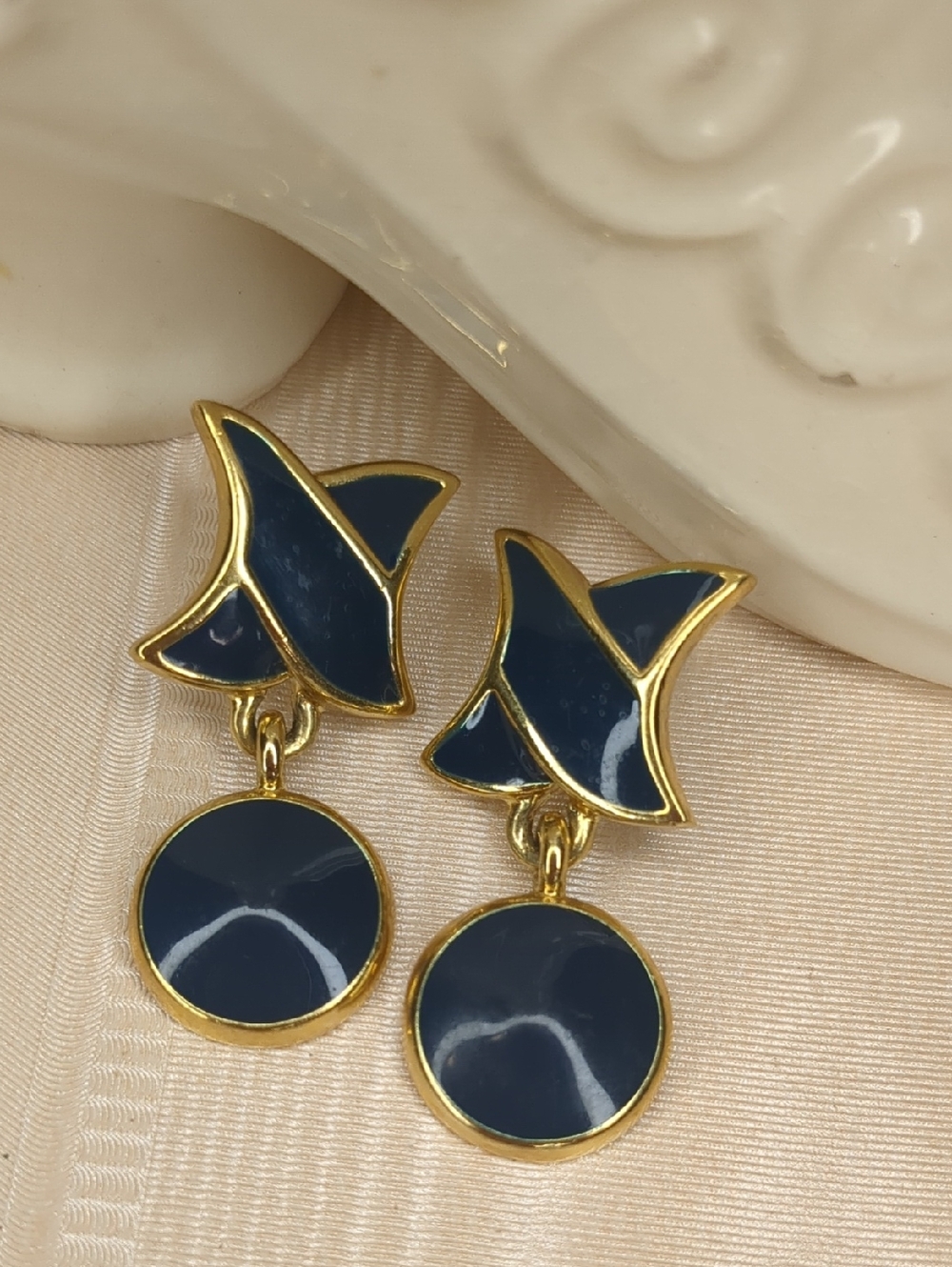 Vintage 80s Napier Earrings Navy Blue Enamel Gold Dangle Classic Old Money